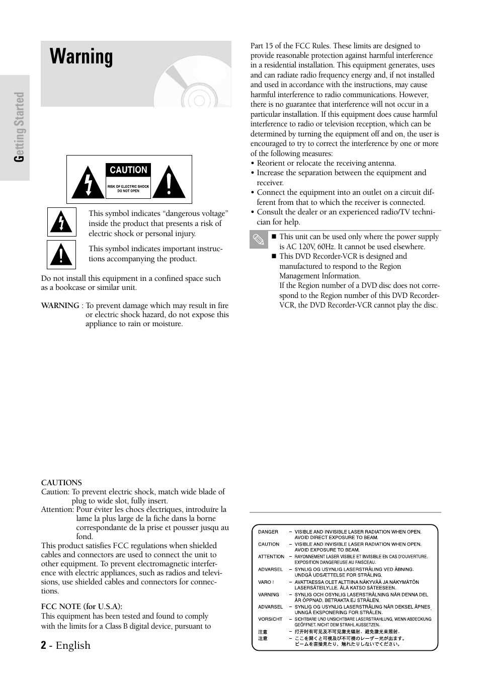 Getting started, Warning, 2 - english | Samsung DVD-VR300-XAX User Manual | Page 2 / 98
