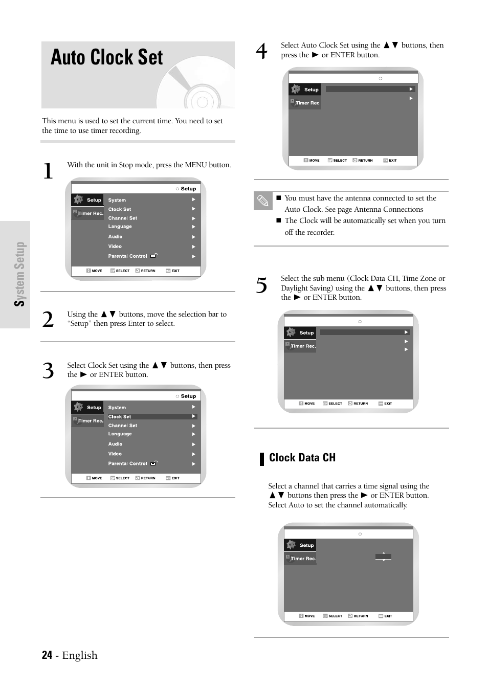 Auto clock set, System setup, 24 - english | Clock data ch | Samsung DVD-VR300-XAX User Manual | Page 24 / 98
