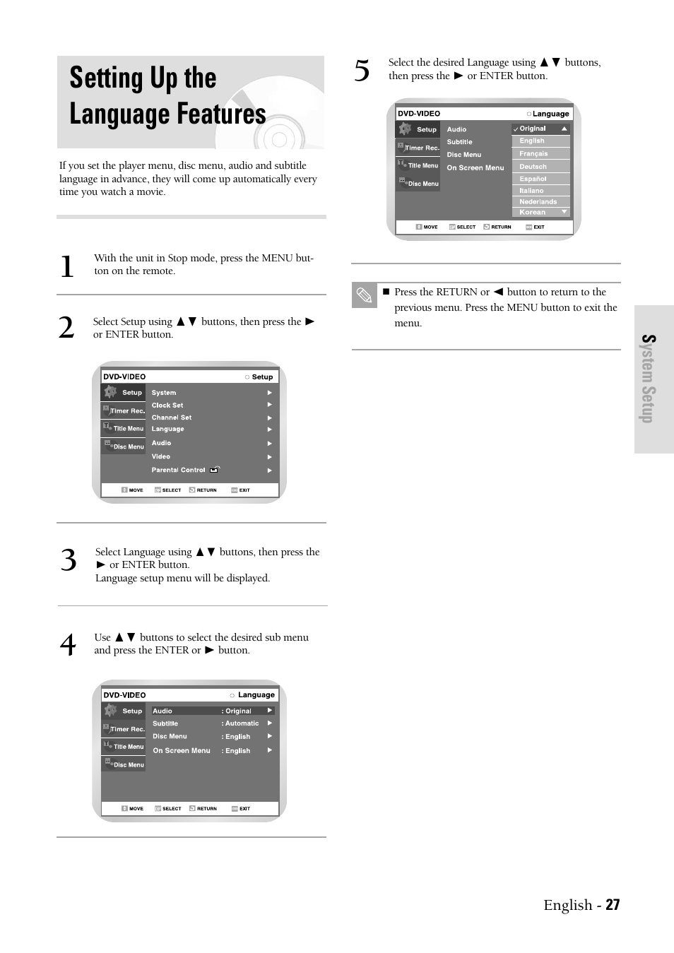 Setting up the language features, System setup | Samsung DVD-VR300-XAX User Manual | Page 27 / 98