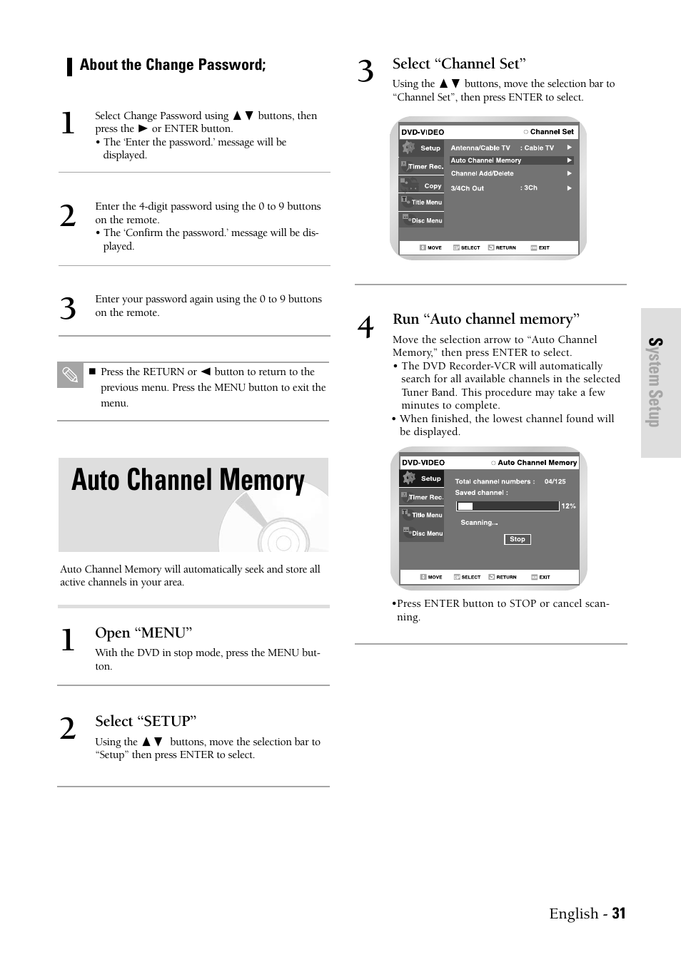 Auto channel memory, System setup | Samsung DVD-VR300-XAX User Manual | Page 31 / 98