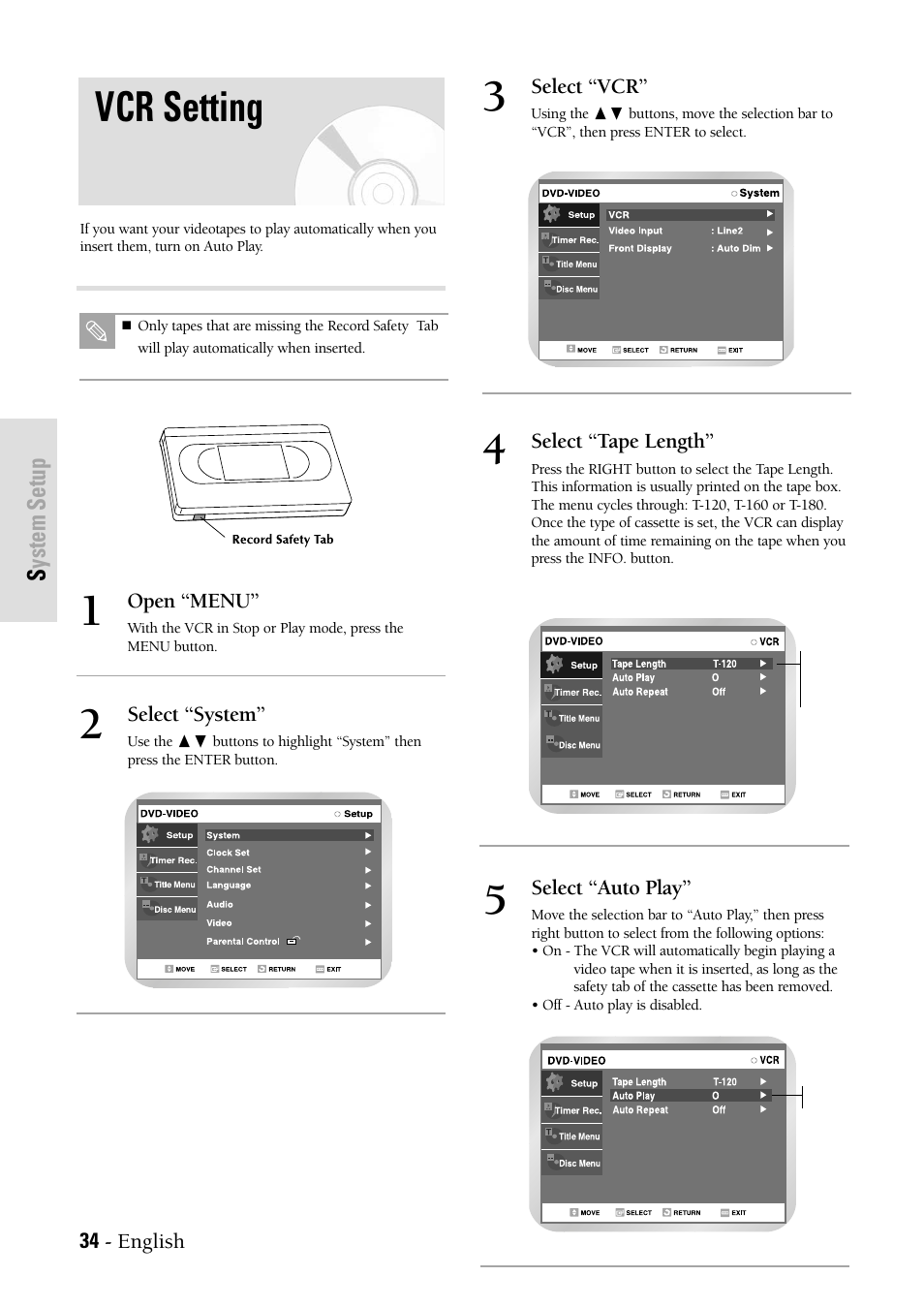 Vcr setting, System setup | Samsung DVD-VR300-XAX User Manual | Page 34 / 98