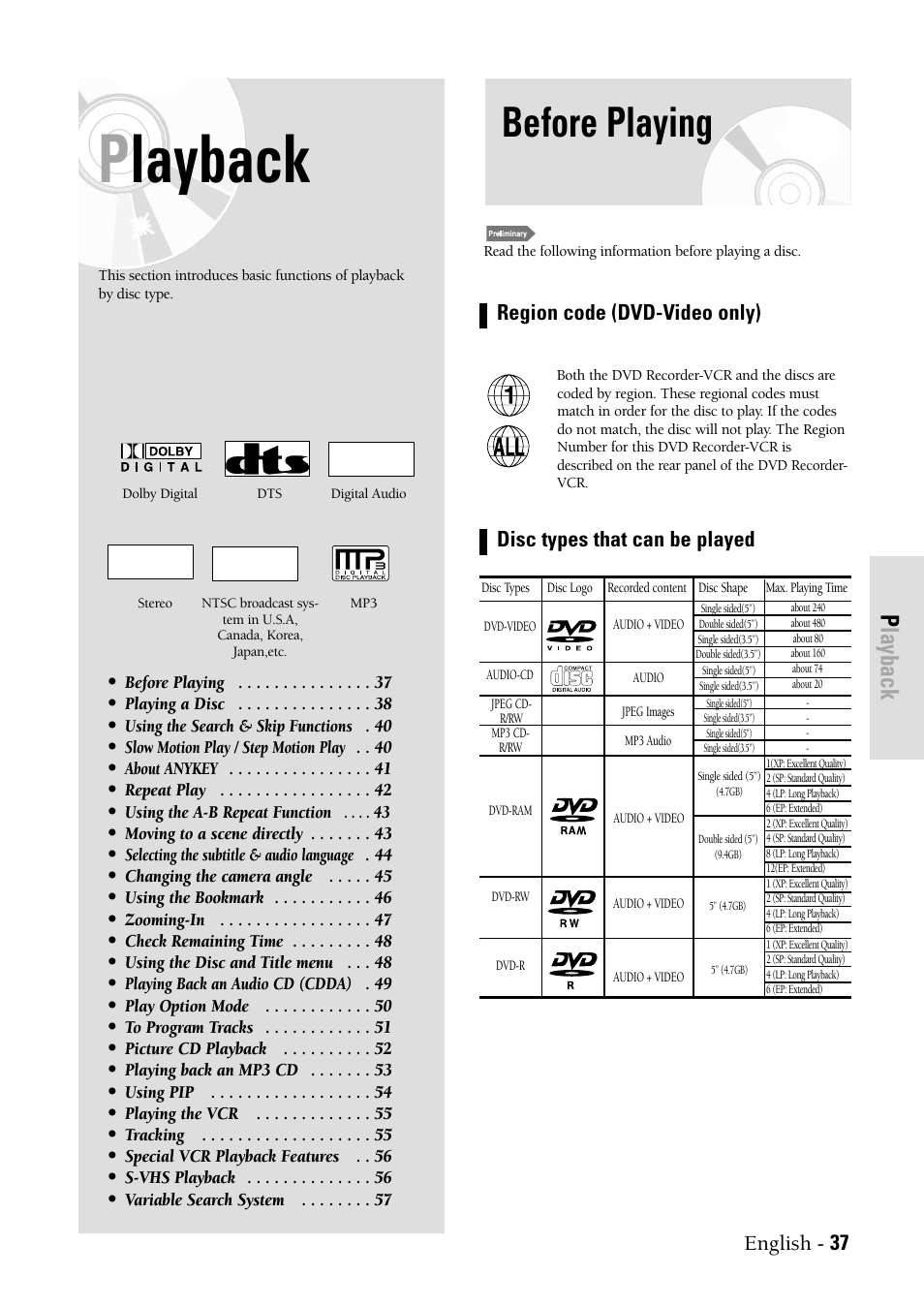 Playback, Dvd playback, Before playing | Ntsc, Stereo, English - 37 | Samsung DVD-VR300-XAX User Manual | Page 37 / 98