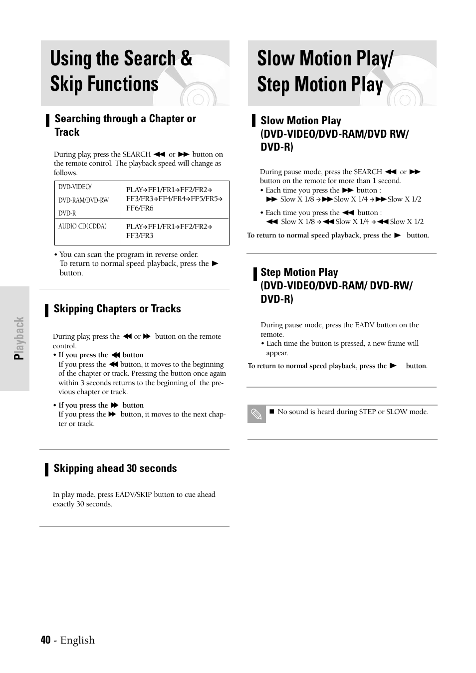 Using the search & skip functions, Slow motion play/ step motion play, Playback | 40 - english, Slow motion play (dvd-video/dvd-ram/dvd rw/ dvd-r), Searching through a chapter or track, Skipping chapters or tracks, Skipping ahead 30 seconds | Samsung DVD-VR300-XAX User Manual | Page 40 / 98