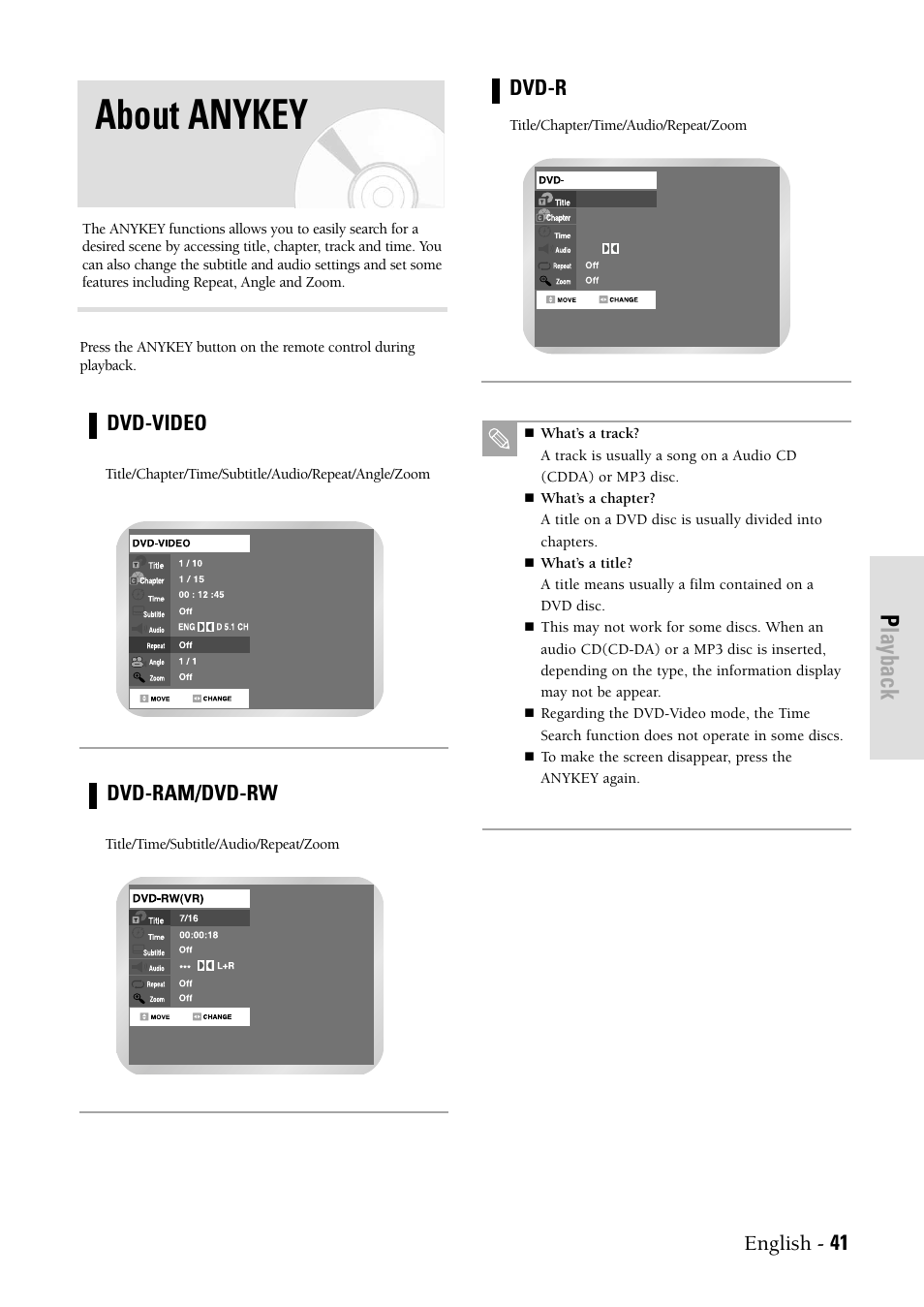 About anykey, Playback, English - 41 | Dvd-video, Dvd-ram/dvd-rw, Dvd-r | Samsung DVD-VR300-XAX User Manual | Page 41 / 98