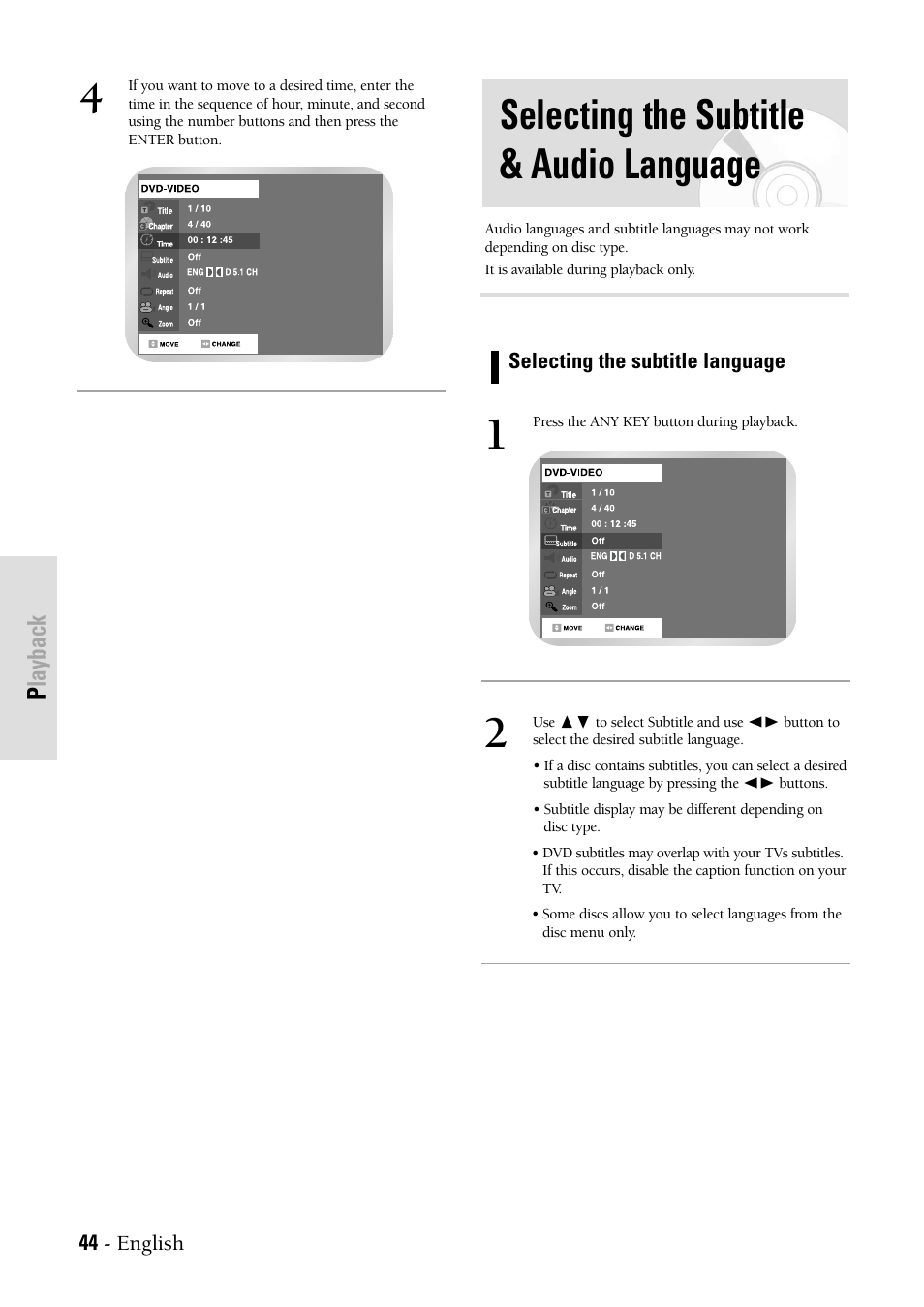 Selecting the subtitle & audio language, Playback | Samsung DVD-VR300-XAX User Manual | Page 44 / 98