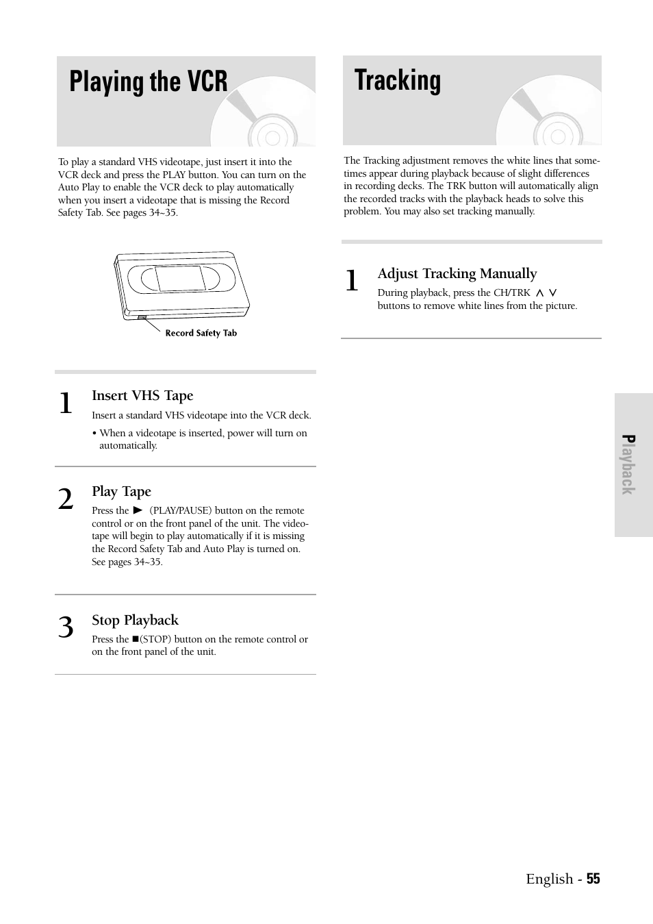 Vcr playback, Playing the vcr, Tracking | Samsung DVD-VR300-XAX User Manual | Page 55 / 98