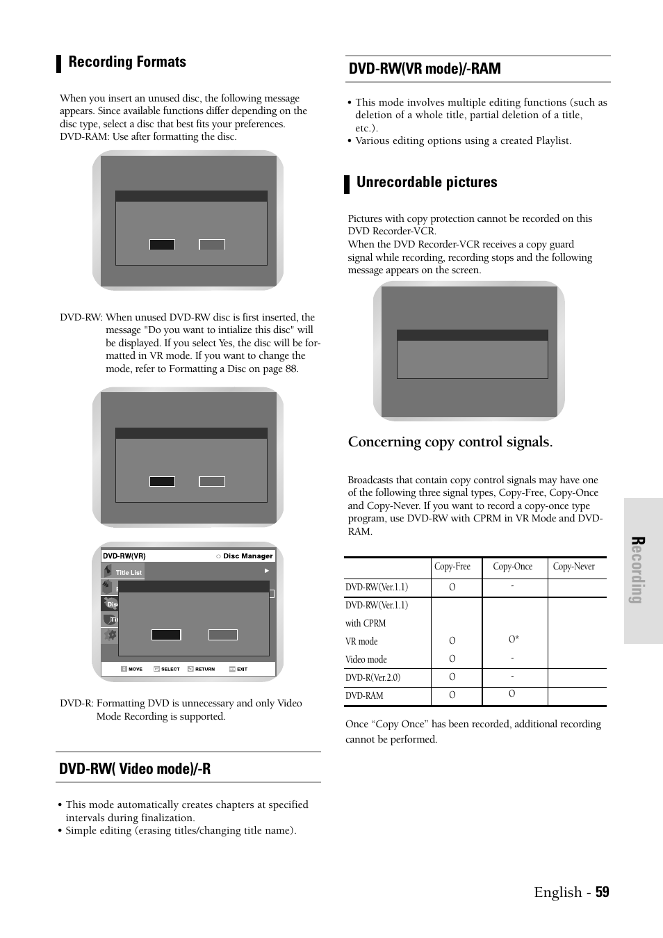 Recording, English - 59 recording formats, Unrecordable pictures | Concerning copy control signals, Dvd-rw( video mode)/-r, Dvd-rw(vr mode)/-ram | Samsung DVD-VR300-XAX User Manual | Page 59 / 98