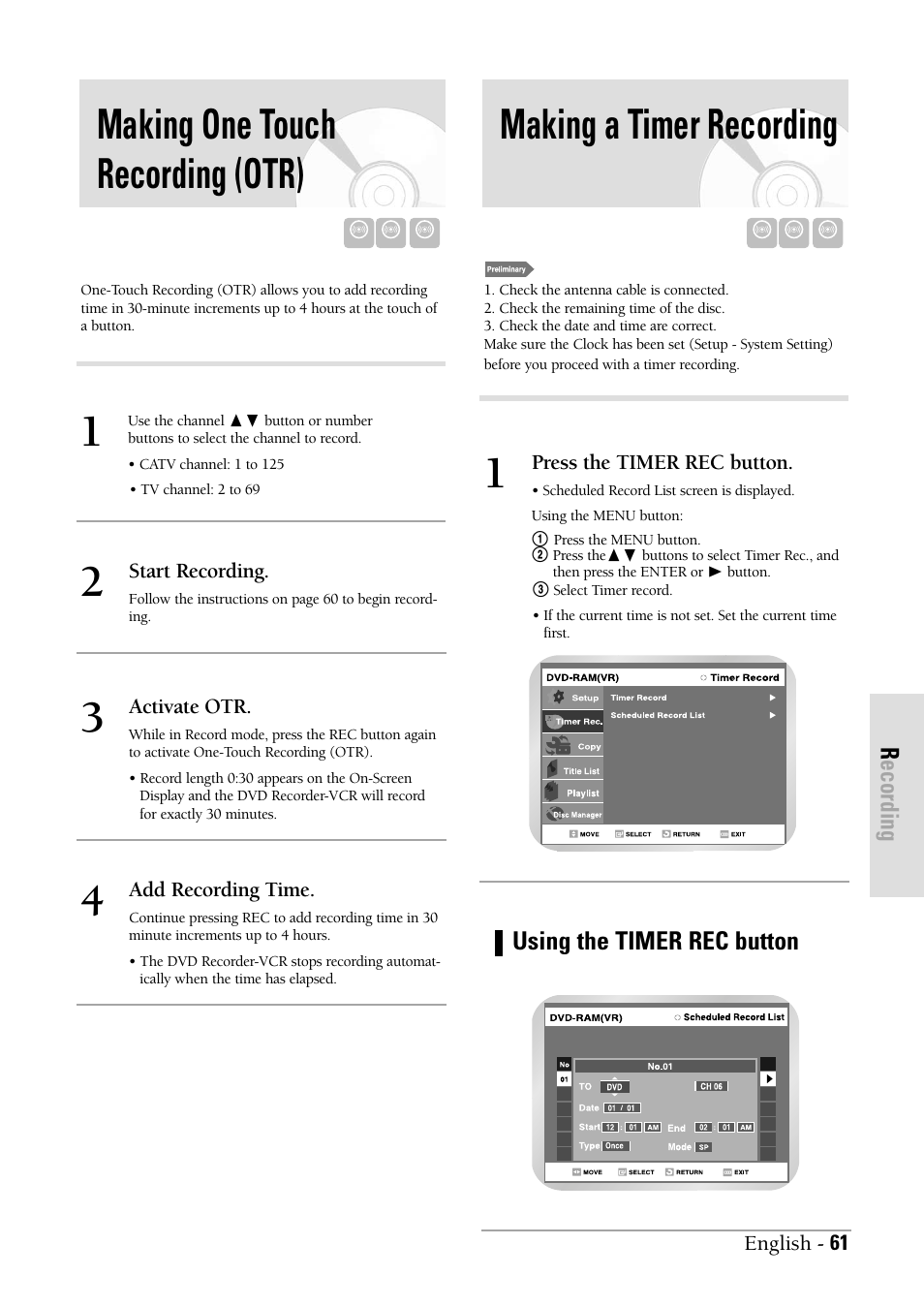 Making one touch recording (otr), Making a timer recording, Recording | Using the timer rec button | Samsung DVD-VR300-XAX User Manual | Page 61 / 98