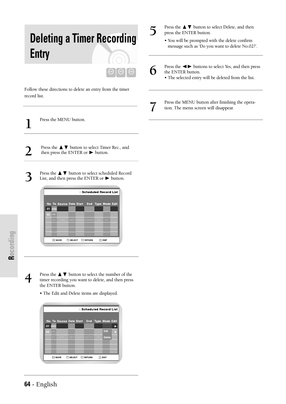 Deleting a timer recording entry, Recording, 64 - english | Samsung DVD-VR300-XAX User Manual | Page 64 / 98
