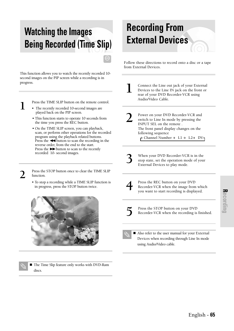 Watching the images being recorded (time slip), Recording from external devices | Samsung DVD-VR300-XAX User Manual | Page 65 / 98