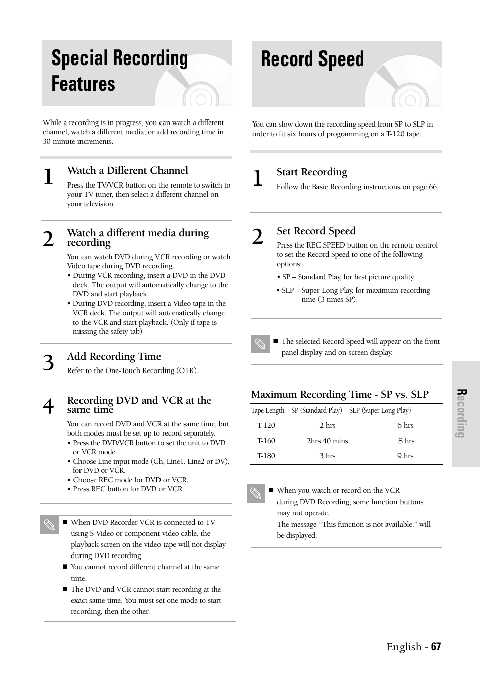 Special recording features, Record speed, Recording | Samsung DVD-VR300-XAX User Manual | Page 67 / 98