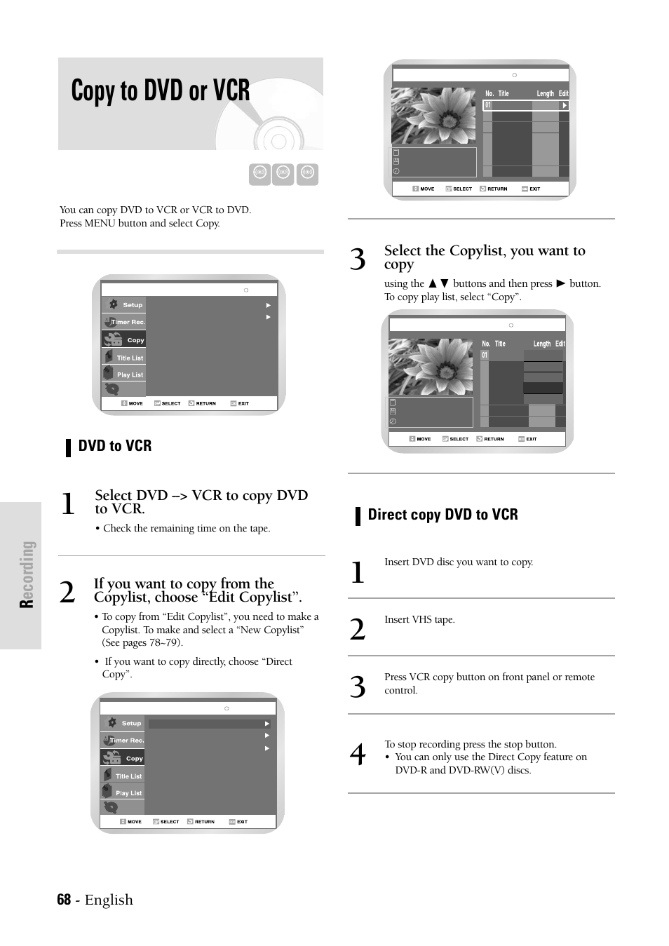 Copy to dvd or vcr, Recording, 68 - english | Dvd to vcr, Select dvd --> vcr to copy dvd to vcr, Direct copy dvd to vcr, Select the copylist, you want to copy | Samsung DVD-VR300-XAX User Manual | Page 68 / 98
