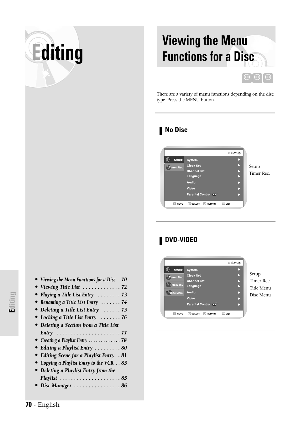 Editing, Viewing the menu functions for a disc | Samsung DVD-VR300-XAX User Manual | Page 70 / 98