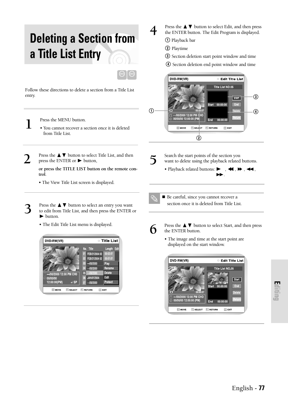 Deleting a section from a title list entry, Editing | Samsung DVD-VR300-XAX User Manual | Page 77 / 98
