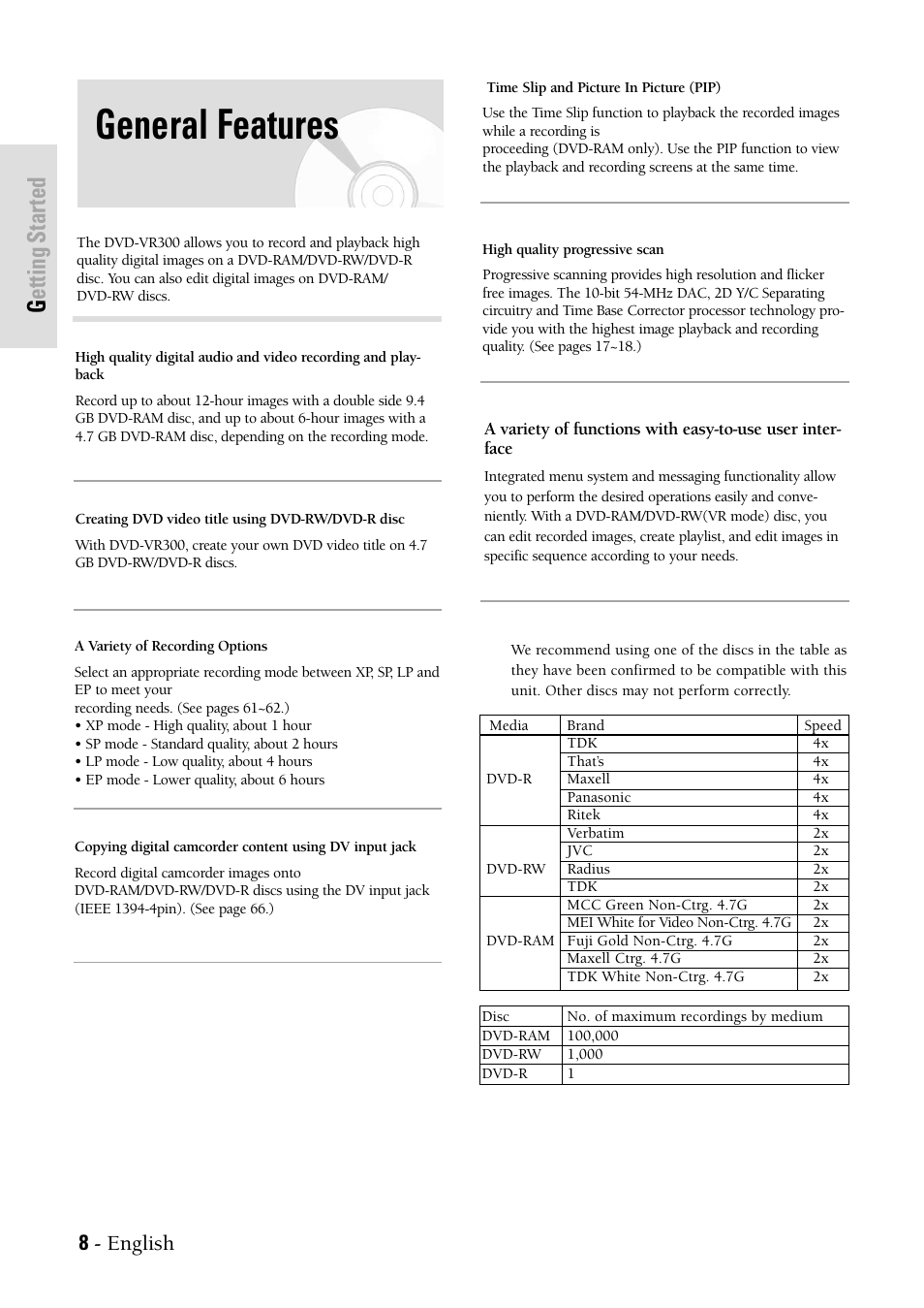 General features, Getting started, 8 - english | Samsung DVD-VR300-XAX User Manual | Page 8 / 98