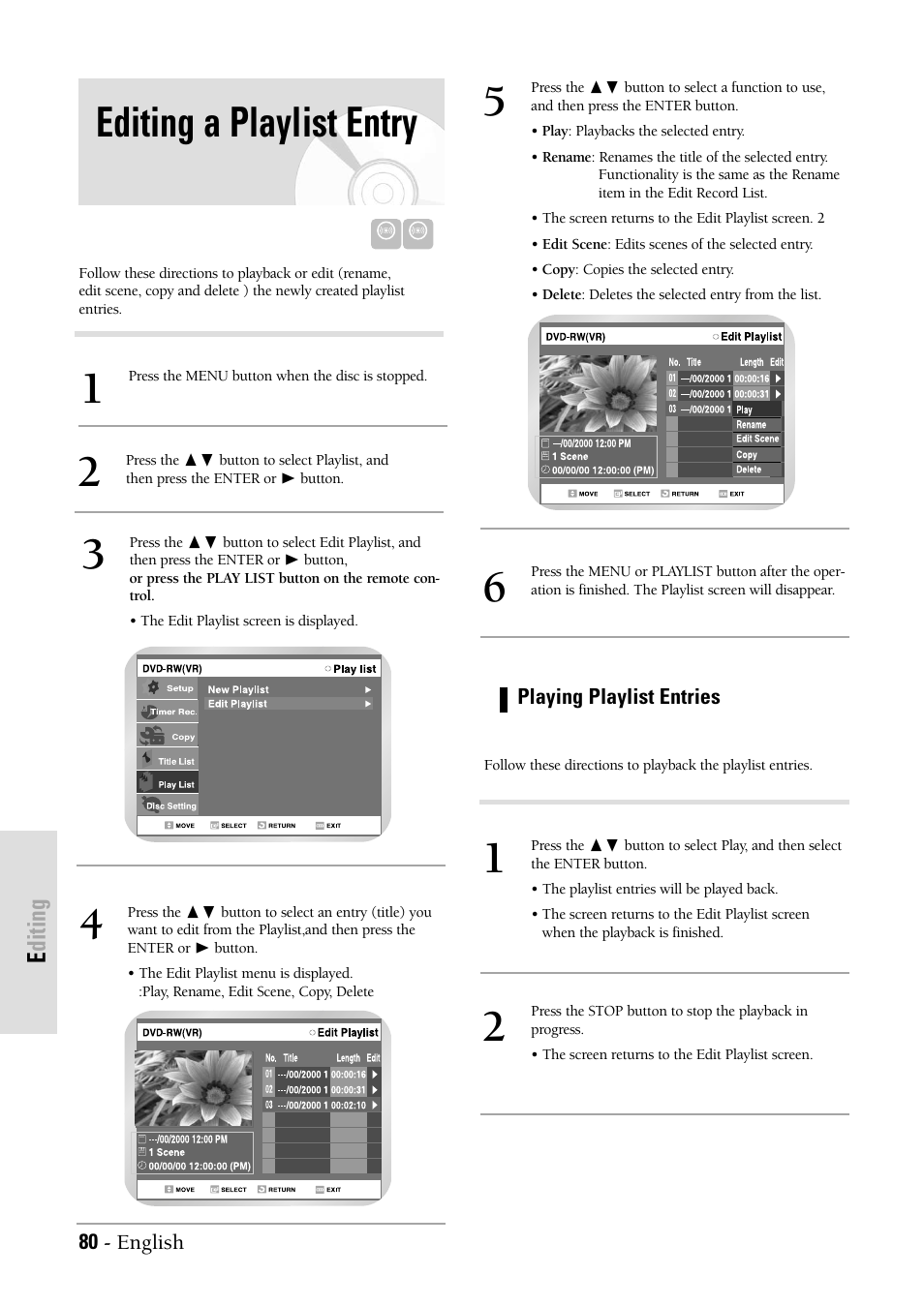 Editing a playlist entry, Editing | Samsung DVD-VR300-XAX User Manual | Page 80 / 98