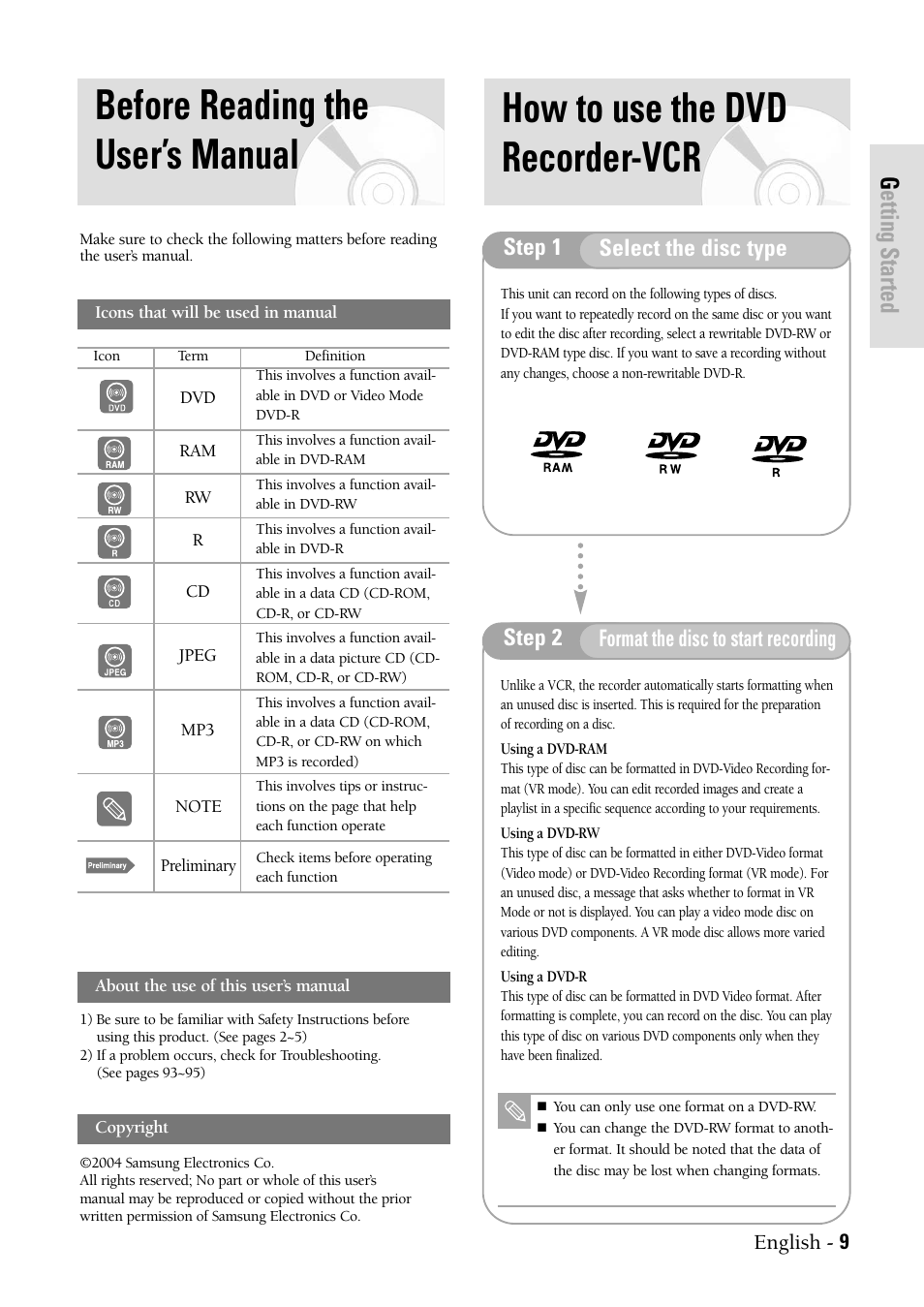 Before reading the user’s manual, How to use the dvd recorder-vcr, Getting started | English - 9 | Samsung DVD-VR300-XAX User Manual | Page 9 / 98