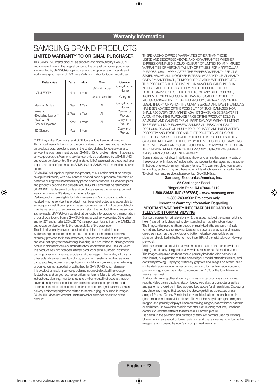 Samsung brand products, Warranty information, Limited warranty to original purchaser | Samsung PN51F4550AFXZA User Manual | Page 22 / 22