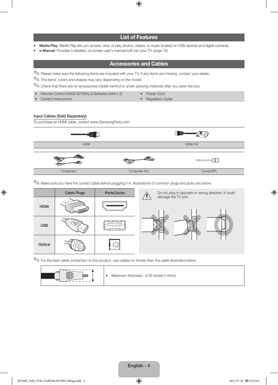 List of features, Accessories and cables | Samsung PN51F4550AFXZA User Manual | Page 4 / 22