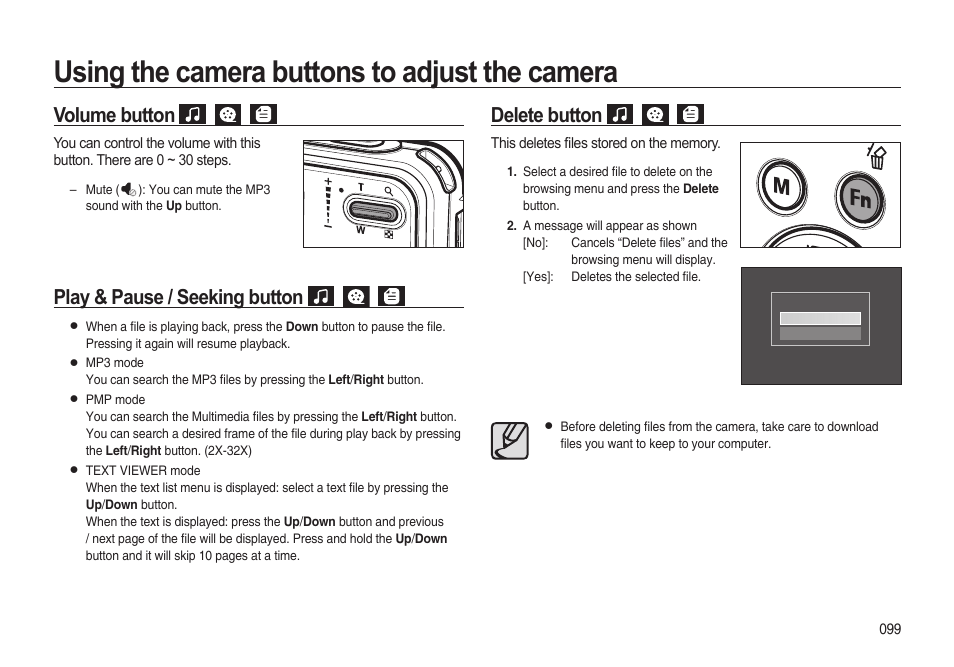 Using the camera buttons to adjust the camera, Volume button, Play & pause / seeking button | Delete button | Samsung i8 (User Manual) User Manual | Page 100 / 136