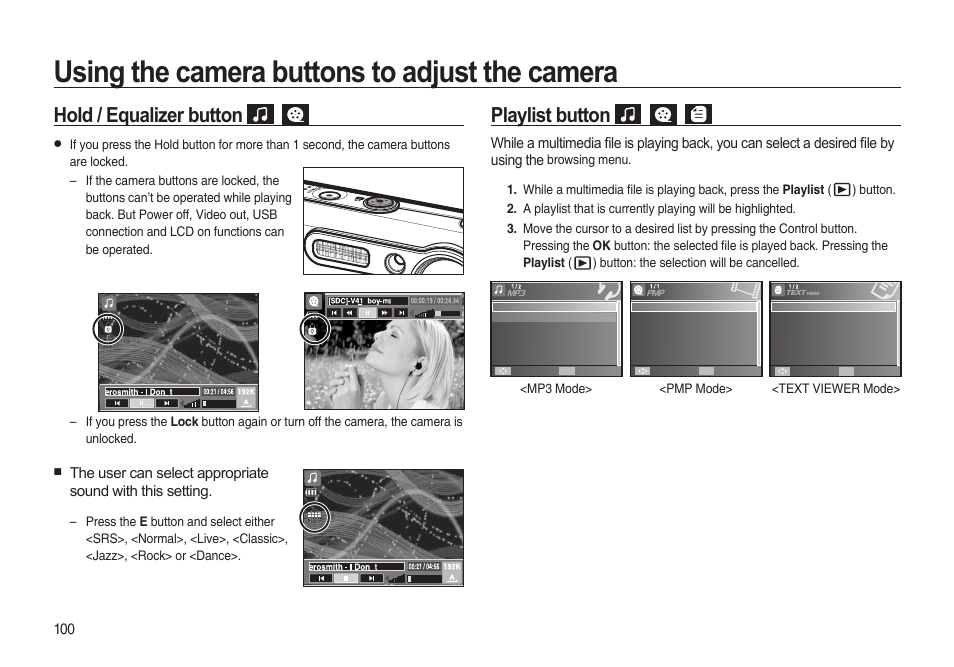 Using the camera buttons to adjust the camera, Hold / equalizer button, Playlist button | Samsung i8 (User Manual) User Manual | Page 101 / 136