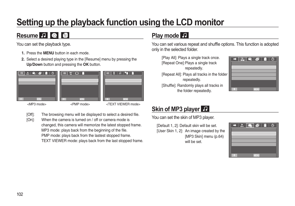 Resume, Play mode, Skin of mp3 player | Samsung i8 (User Manual) User Manual | Page 103 / 136