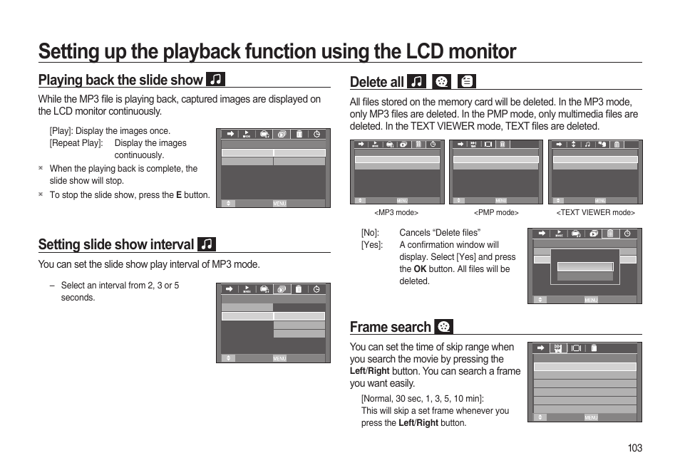 Playing back the slide show, Setting slide show interval, Delete all | Frame search, Button. you can search a frame you want easily | Samsung i8 (User Manual) User Manual | Page 104 / 136