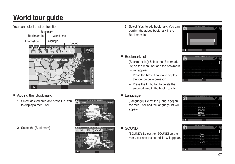 World tour guide, 107 you can select desired function, Adding the [bookmark | Bookmark list, Language, Sound, Move select | Samsung i8 (User Manual) User Manual | Page 108 / 136