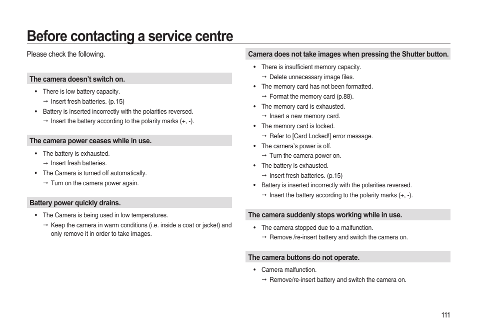 Before contacting a service centre | Samsung i8 (User Manual) User Manual | Page 112 / 136