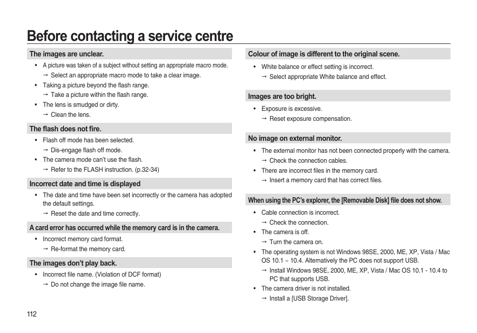 Before contacting a service centre | Samsung i8 (User Manual) User Manual | Page 113 / 136