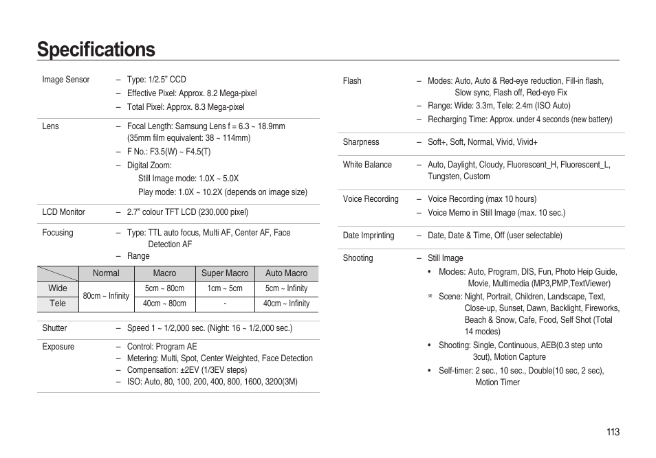 Specifi cations | Samsung i8 (User Manual) User Manual | Page 114 / 136
