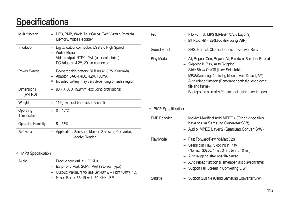 Specifi cations | Samsung i8 (User Manual) User Manual | Page 116 / 136