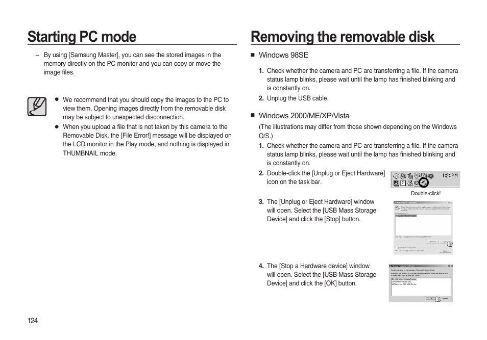 Starting pc mode, Removing the removable disk | Samsung i8 (User Manual) User Manual | Page 125 / 136