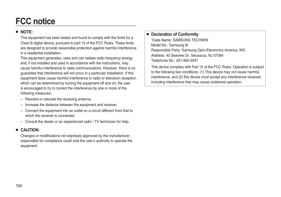 Fcc notice | Samsung i8 (User Manual) User Manual | Page 135 / 136