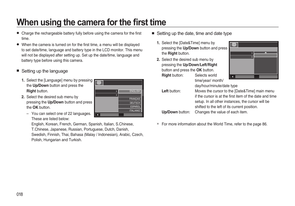 When using the camera for the fi rst time, Setting up the language, Setting up the date, time and date type | Samsung i8 (User Manual) User Manual | Page 19 / 136