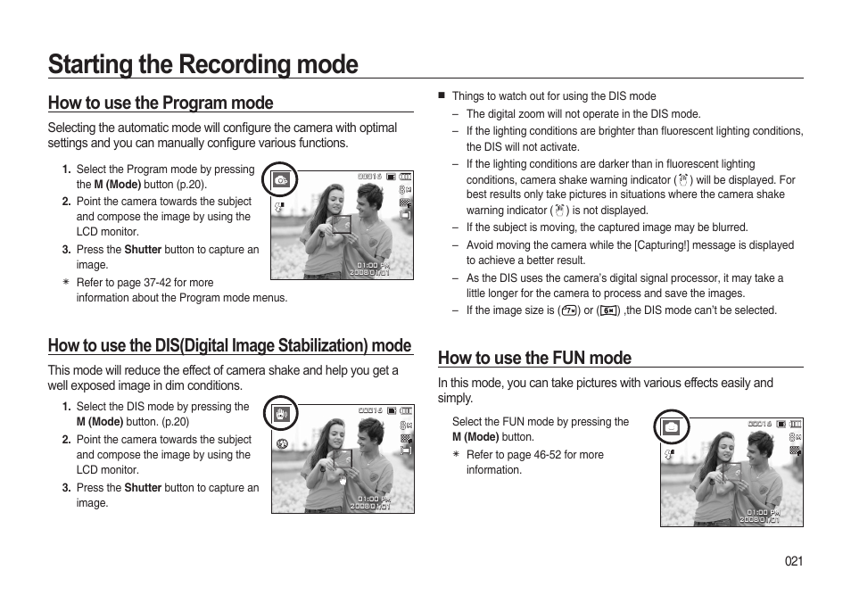 Starting the recording mode, How to use the program mode, How to use the fun mode | Samsung i8 (User Manual) User Manual | Page 22 / 136