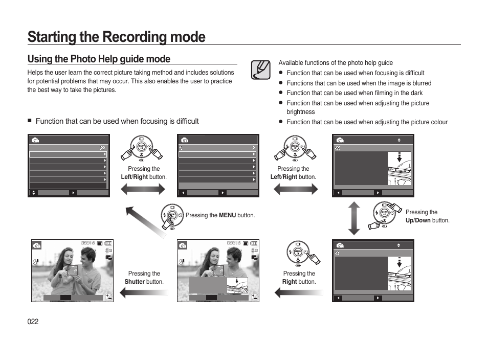 Starting the recording mode, Using the photo help guide mode | Samsung i8 (User Manual) User Manual | Page 23 / 136