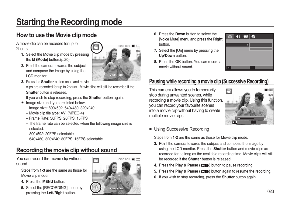 Starting the recording mode, How to use the movie clip mode, Recording the movie clip without sound | Samsung i8 (User Manual) User Manual | Page 24 / 136