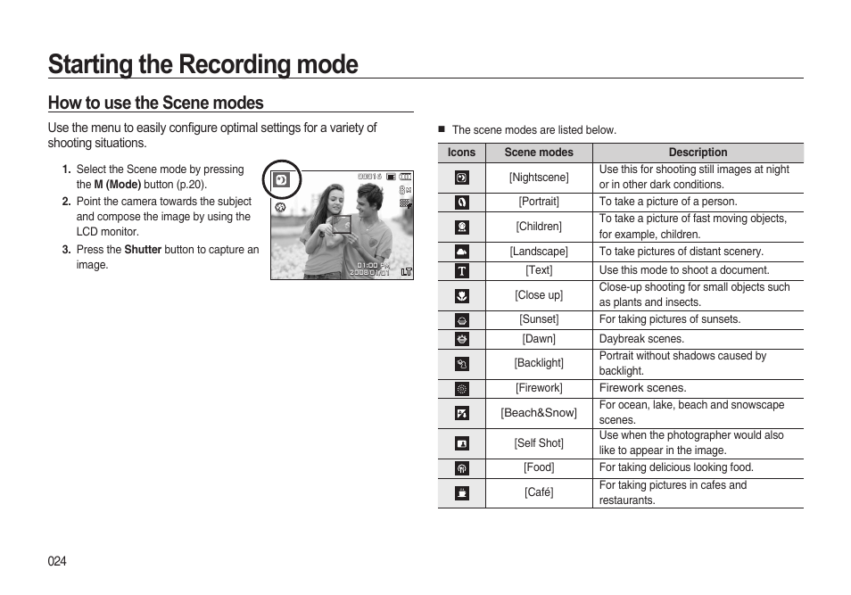 Starting the recording mode, How to use the scene modes | Samsung i8 (User Manual) User Manual | Page 25 / 136