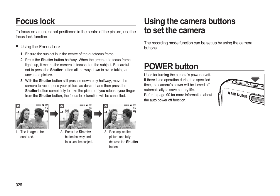 Using the camera buttons to set the camera, Power button, Focus lock | Using the focus lock | Samsung i8 (User Manual) User Manual | Page 27 / 136