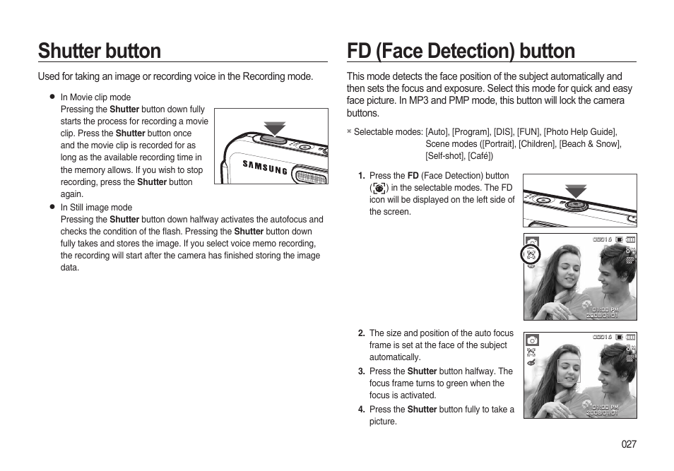 Shutter button, Fd (face detection) button | Samsung i8 (User Manual) User Manual | Page 28 / 136