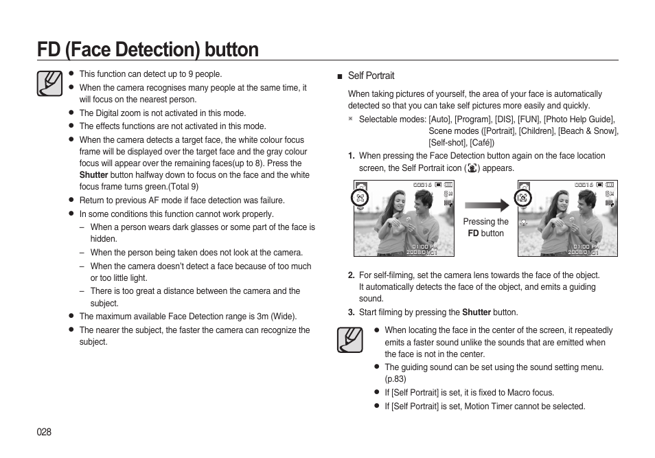 Fd (face detection) button | Samsung i8 (User Manual) User Manual | Page 29 / 136