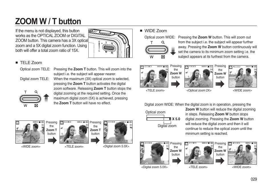 Zoom w / t button, Wide zoom, Tele zoom | Samsung i8 (User Manual) User Manual | Page 30 / 136