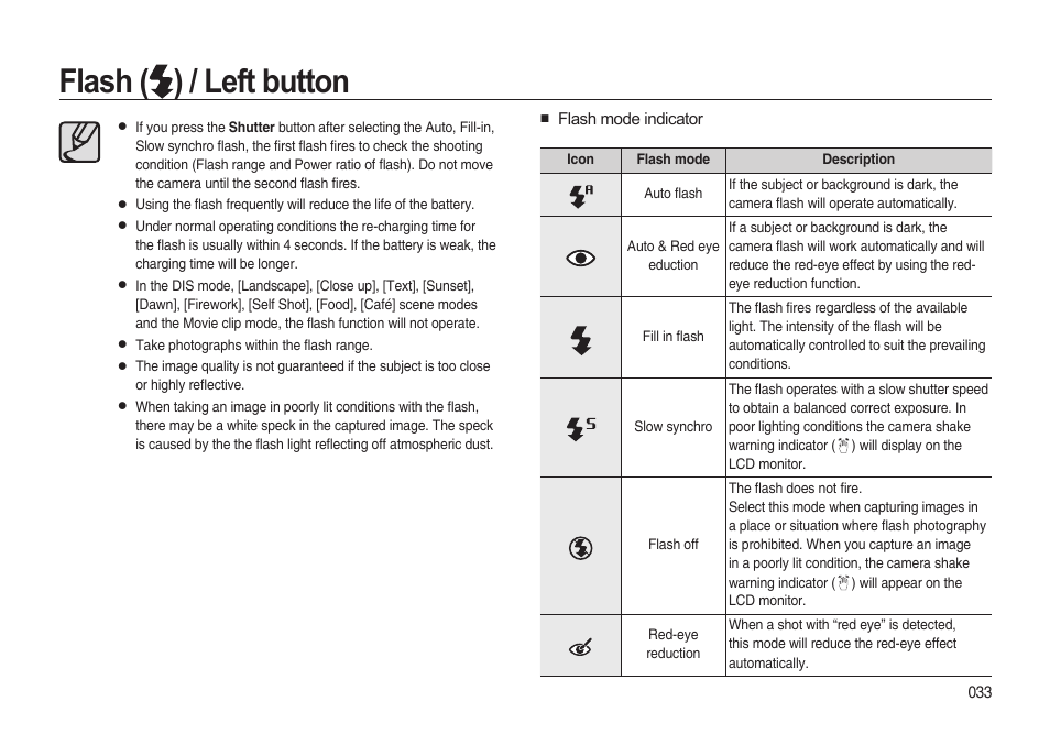 Flash ( ) / left button | Samsung i8 (User Manual) User Manual | Page 34 / 136