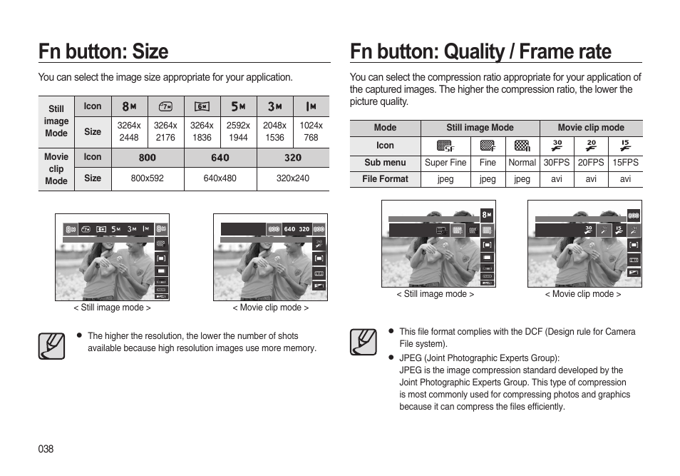 Fn button: size fn button: quality / frame rate | Samsung i8 (User Manual) User Manual | Page 39 / 136