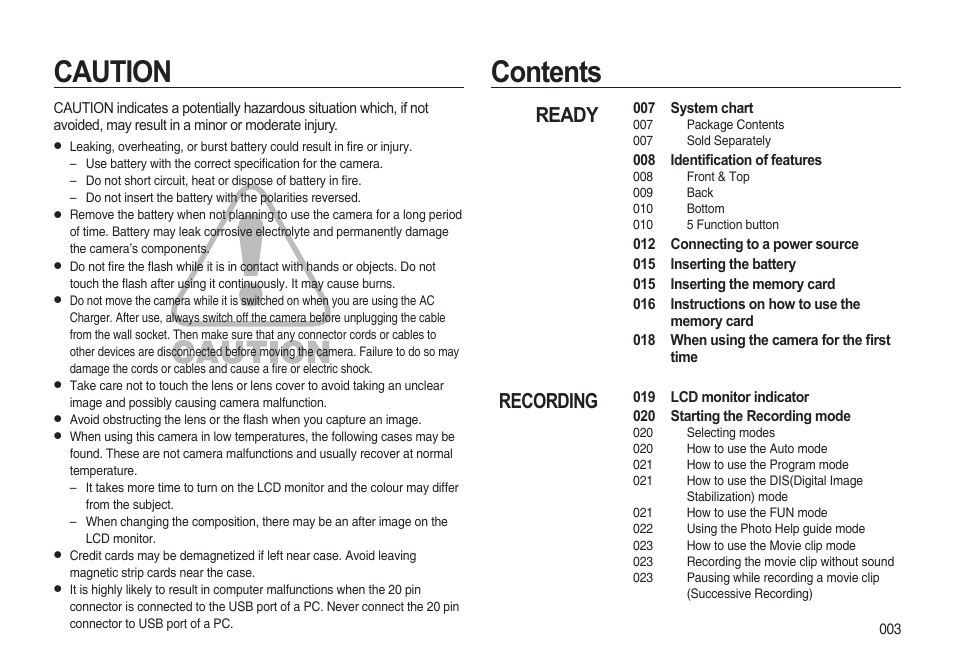 Caution contents, Ready recording | Samsung i8 (User Manual) User Manual | Page 4 / 136