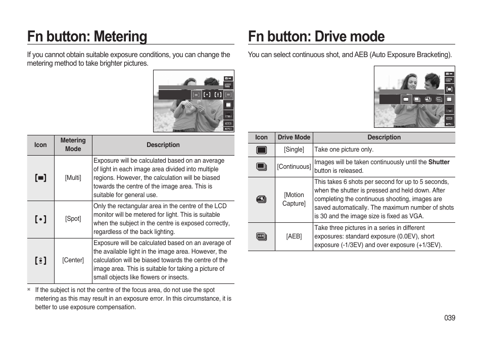 Fn button: drive mode, Fn button: metering | Samsung i8 (User Manual) User Manual | Page 40 / 136