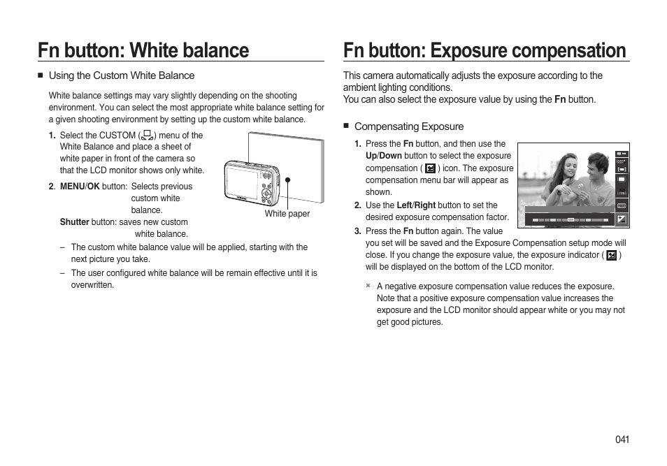 Fn button: white balance, Fn button: exposure compensation | Samsung i8 (User Manual) User Manual | Page 42 / 136