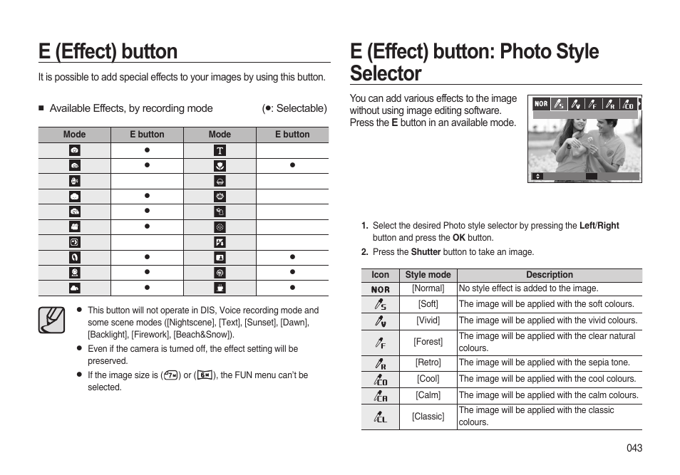 E (effect) button, E (effect) button: photo style selector | Samsung i8 (User Manual) User Manual | Page 44 / 136