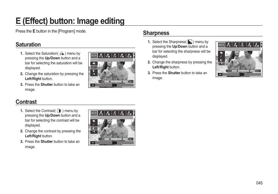 E (effect) button: image editing, Saturation, Contrast | Sharpness | Samsung i8 (User Manual) User Manual | Page 46 / 136